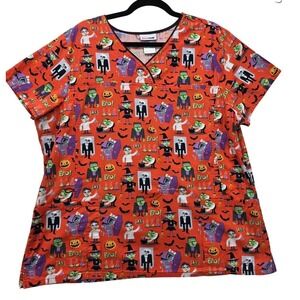 ScrubStar Halloween Scrub Top XL Orange Monster Mad Lab V-Neck Cotton
